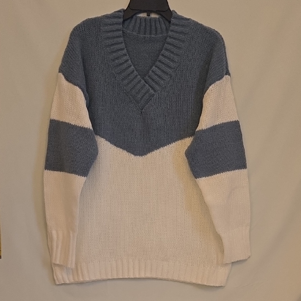 Blue and White V-Neck Sweater